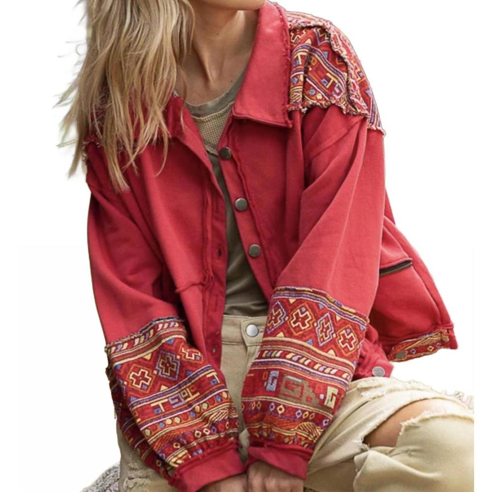 NEW POL embroidered shacket in red